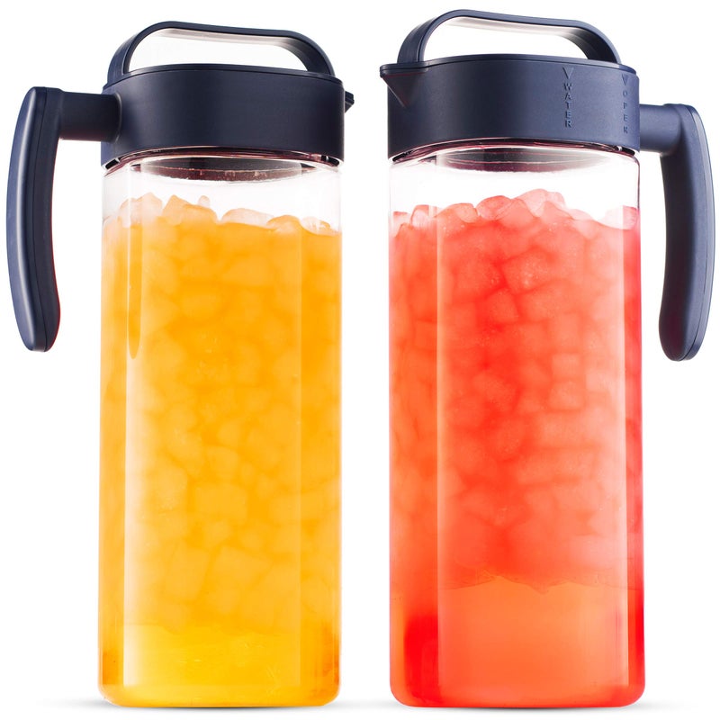 Komax Set of 2 Plastic Water Pitcher with Lid â€“ BPA-Free & Iced Tea Microwave Dishwasher Safe Tea, Sangria, or Juice Containers Lids for Fridge (2.1 Qt), Clear & Blue - Image 1